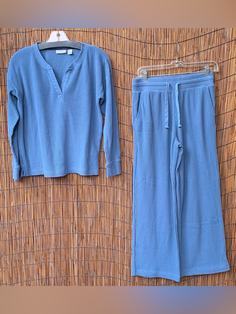 LL Bean Blue waffle knit pajama sleep set Women’s XS